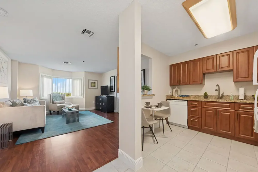 Model One Bedroom Apartment Kitchen and Living Room